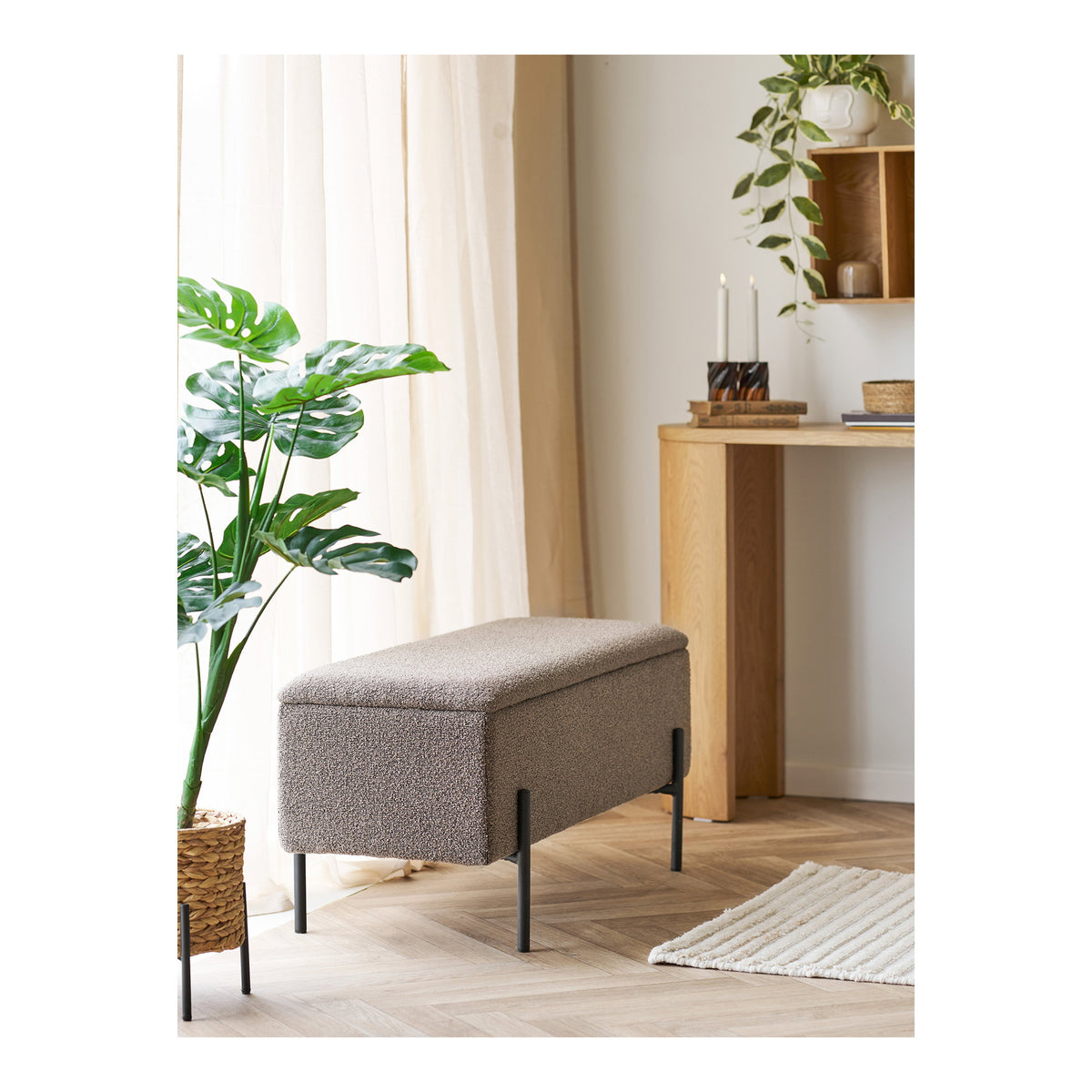 Banco-Baú Watford em Bouclé Castanho — 95 × 36,5 × 43 cm