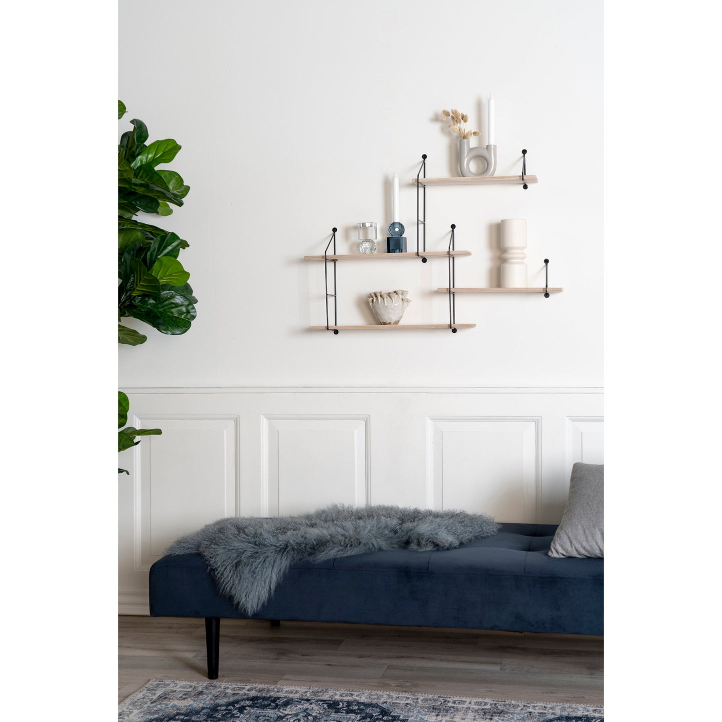 Harlem Wall Shelf in Paulownia and Black Steel, 4 Levels — 99 × 17.5 × 62 cm
