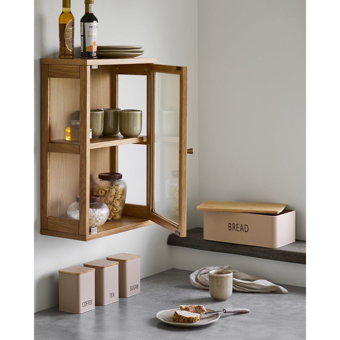 Tula Bread Box with 3 Metal and Bamboo Containers, Beige