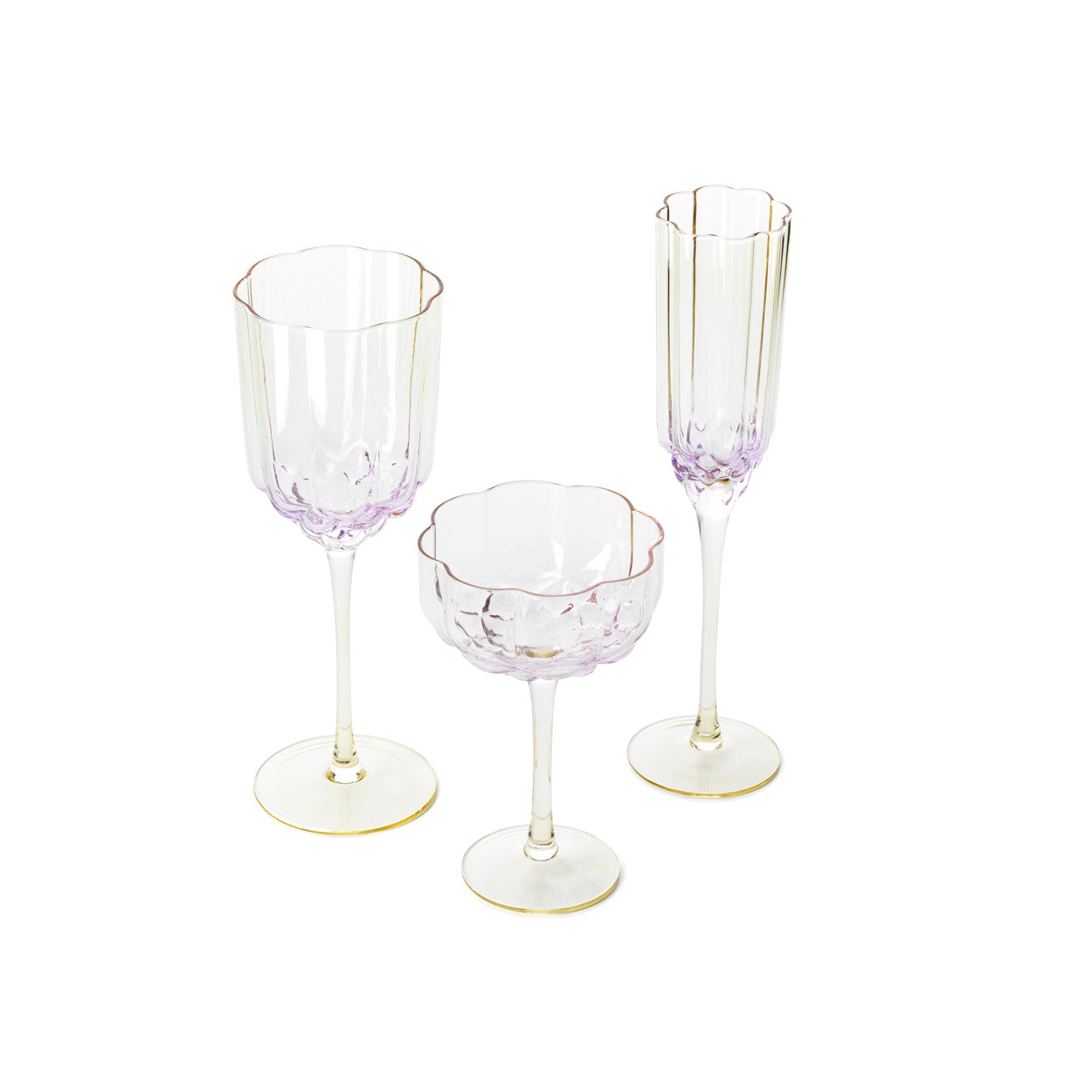 Pack de 6 Flutes de Champanhe Pink Blush em Vidro Reciclado, Lilás e Dourado — 26,5 cm