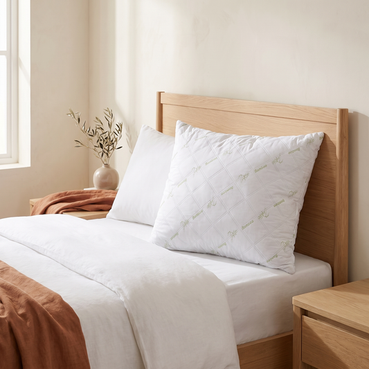 Almofada de dormir toque de bambu branca numa cama, quarto quente em tons creme e terracota