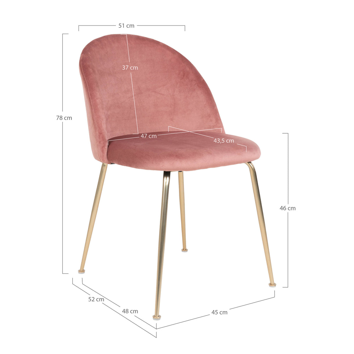 Cadeira de Jantar Geneve em Veludo Rosa, Pés Cor Latão