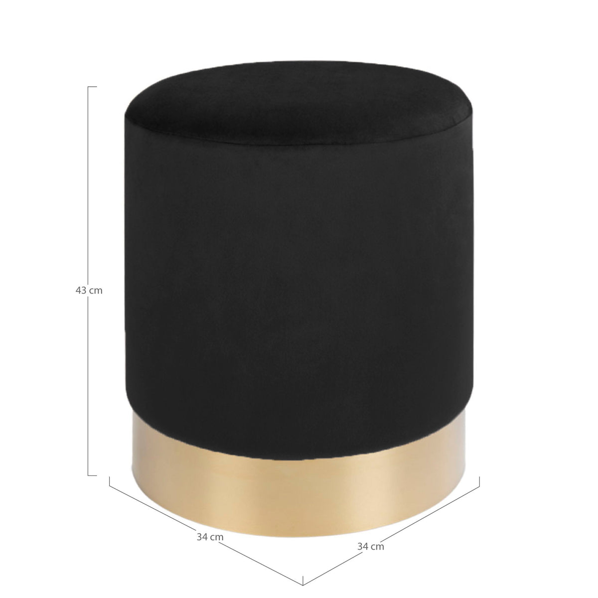 Pufe Gamby em Veludo Preto com Base Cor Latão — Ø 34 × 43 cm