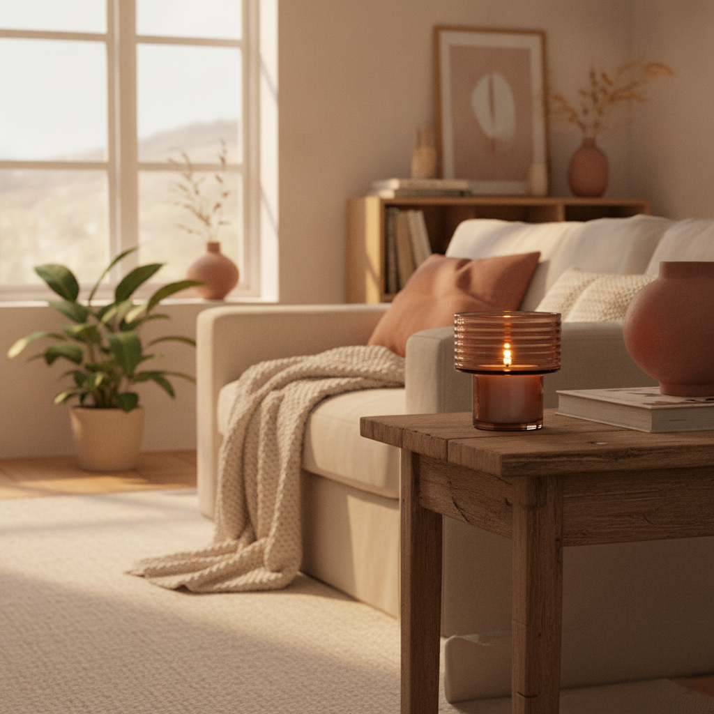 não alteres o objecto, adiciona a uma Sala de estar escandinava, luz natural suave da manhã, com cores quentes