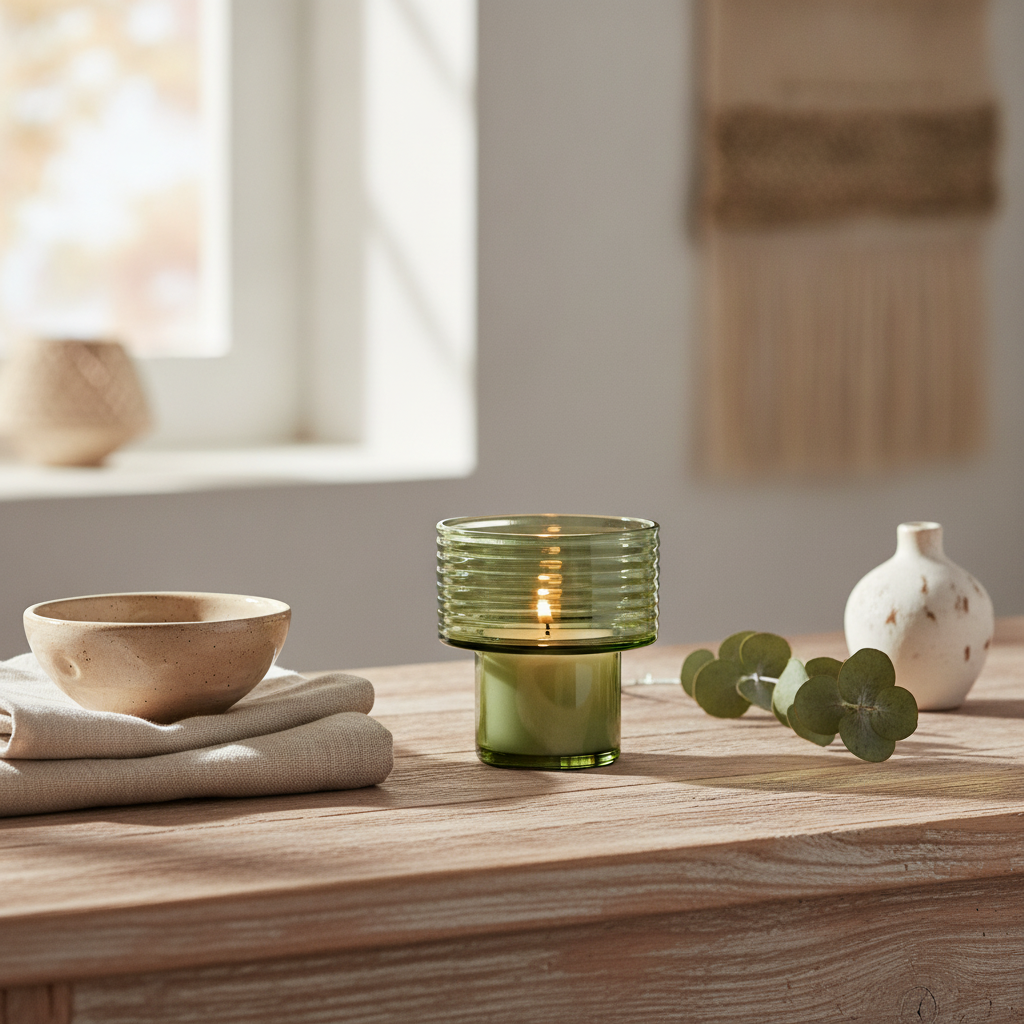 Um ambiente interior acolhedor e com estética mediterrânica-boho, com uma superfície de madeira clara e texturas naturai