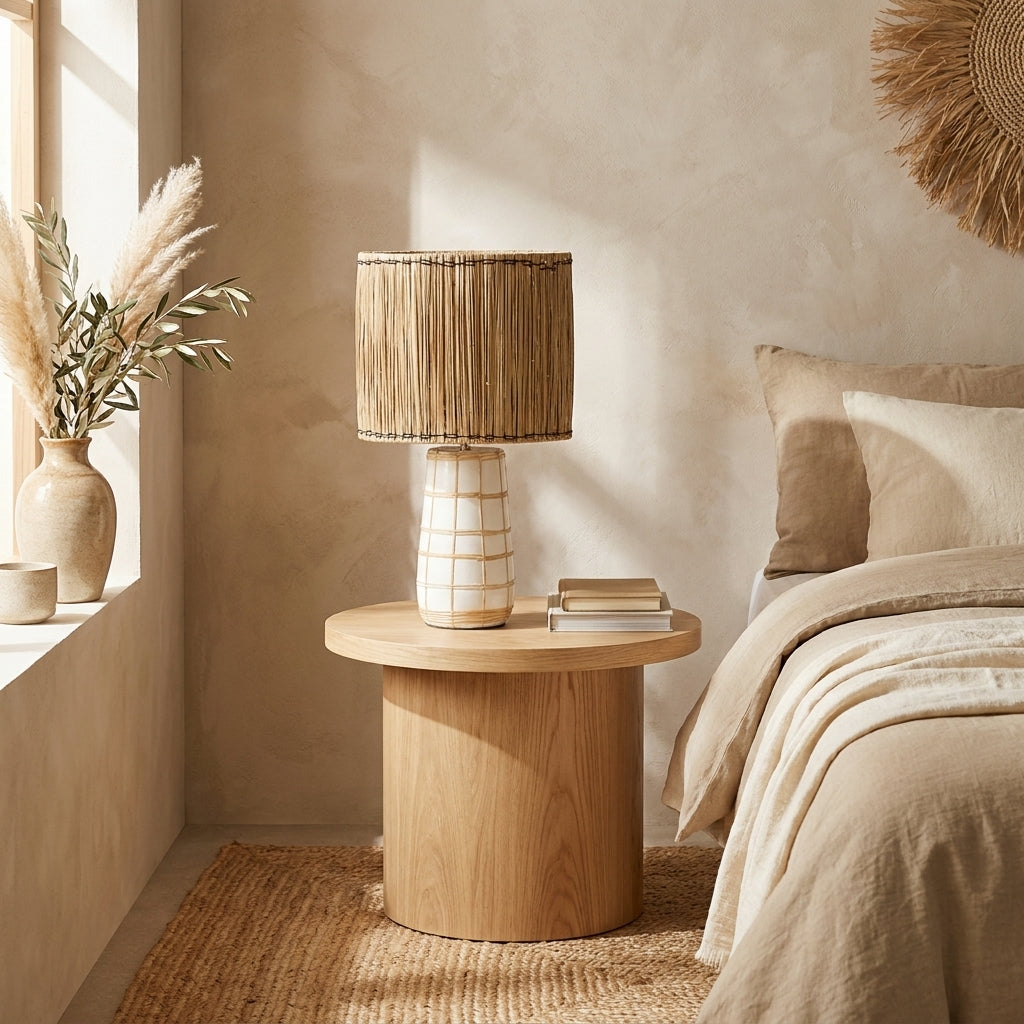 Um ambiente de sala de estar ou quarto sereno, com uma mesa de apoio em madeira natural clara, banhado por luz natural s