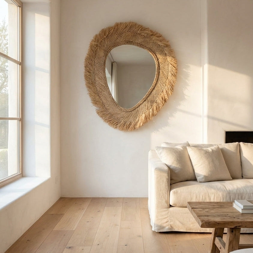 Uma fotografia de cenário realista para um espelho grande de moldura orgânica em fibra natural, posicionado numa sala de
