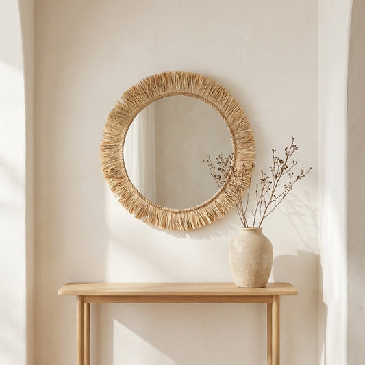 Fotografia editorial realista para loja online de decoração: manter exatamente o mesmo Espelho Tahiti natural, com a mes