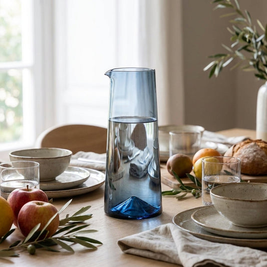 Uma jarra azul de agua de cerâmica (A Jarra Azure - Azul) em destaque numa mesa de refeição com agua
