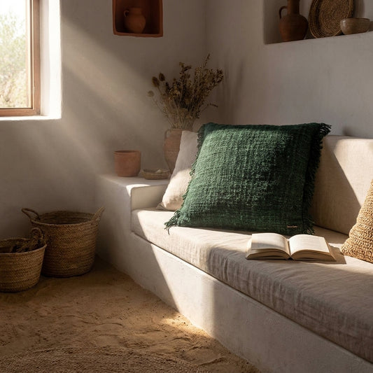 Fotografia realista de um recanto de sala de estar mediterrânica e boho-chique, com paredes caiadas brancas, pavimento d