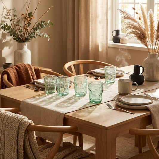 6 copos em Plano médio, à altura da superfície, de uma mesa de jantar de madeira clara com um caminho de linho, num ambi