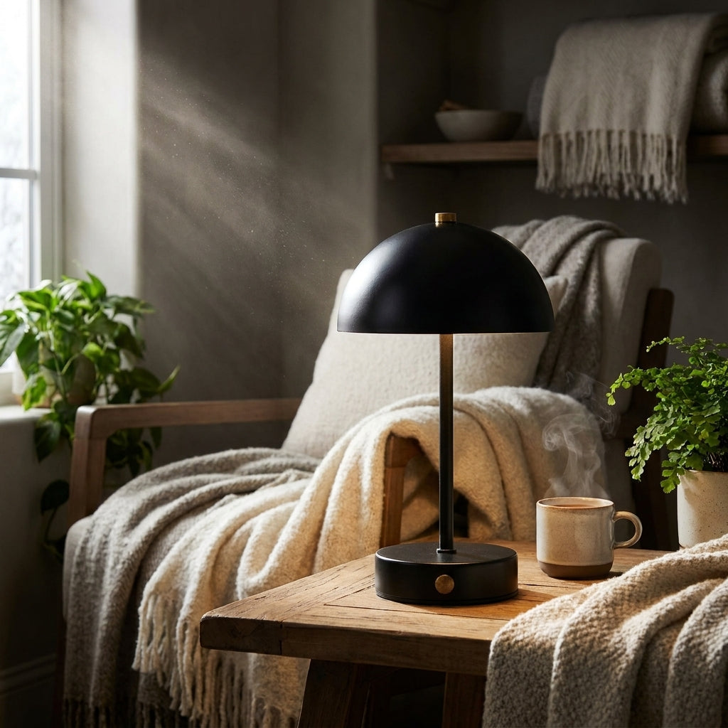 Num recanto de leitura acolhedor de inverno ou quarto, o candeeiro de mesa Holt recarregável em metal preto e latão é o 