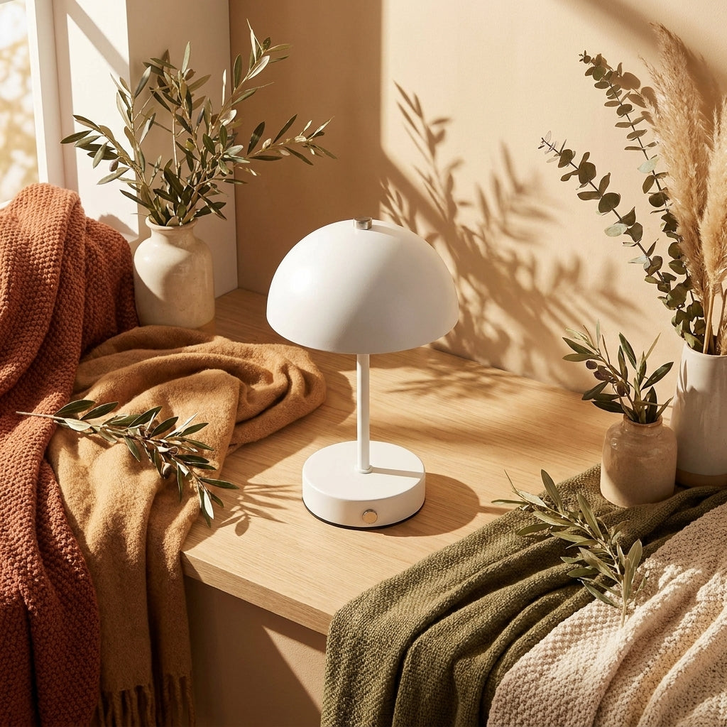 Fotografia de cenário realista de alta-qualidade do Candeeiro de Mesa Holt Recarregável de Metal Branco e Aço, pousado n