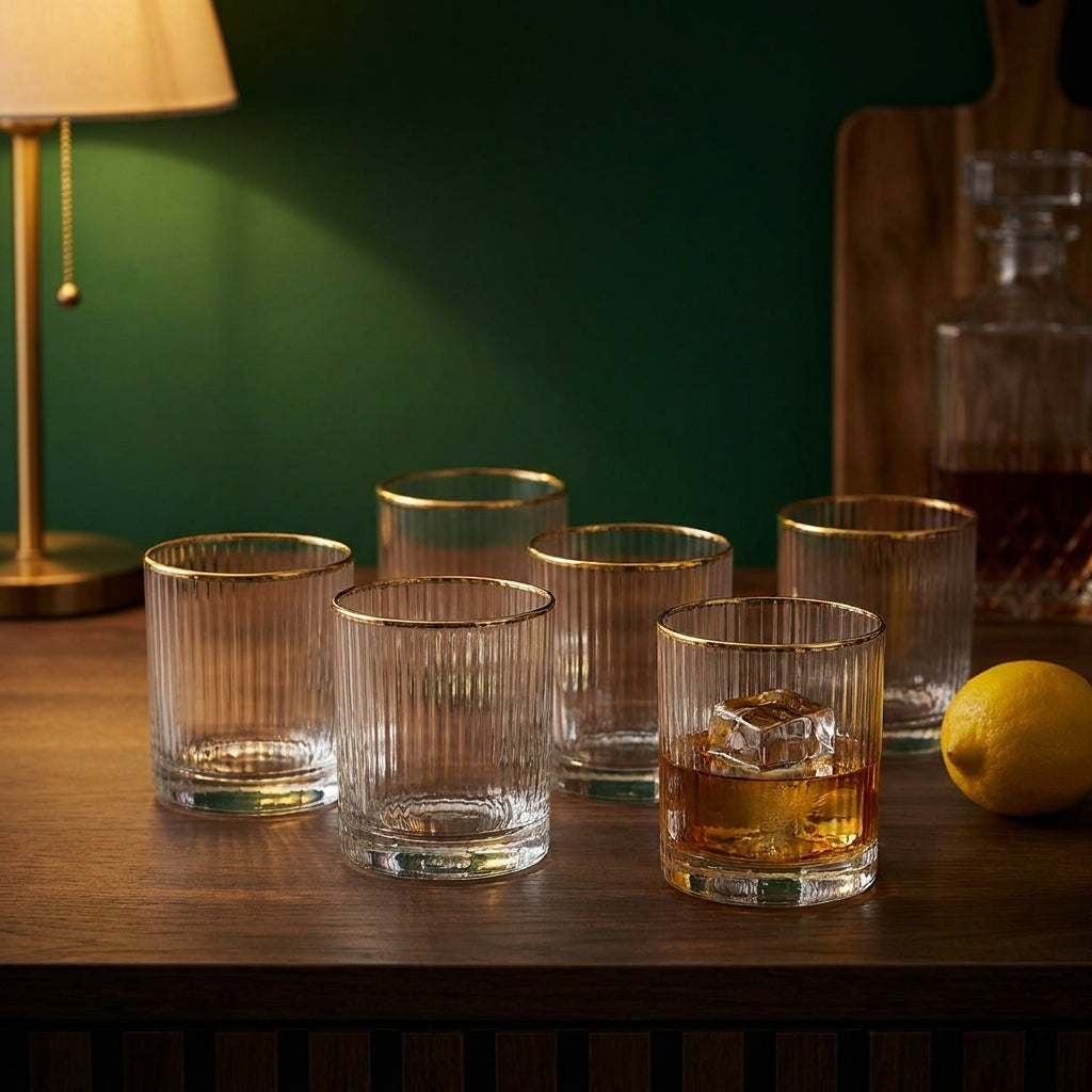 Seis copos baixos Golden Sip em vidro transparente com aro dourado, num bar de casa com parede verde-escura, um com whisky e gelo