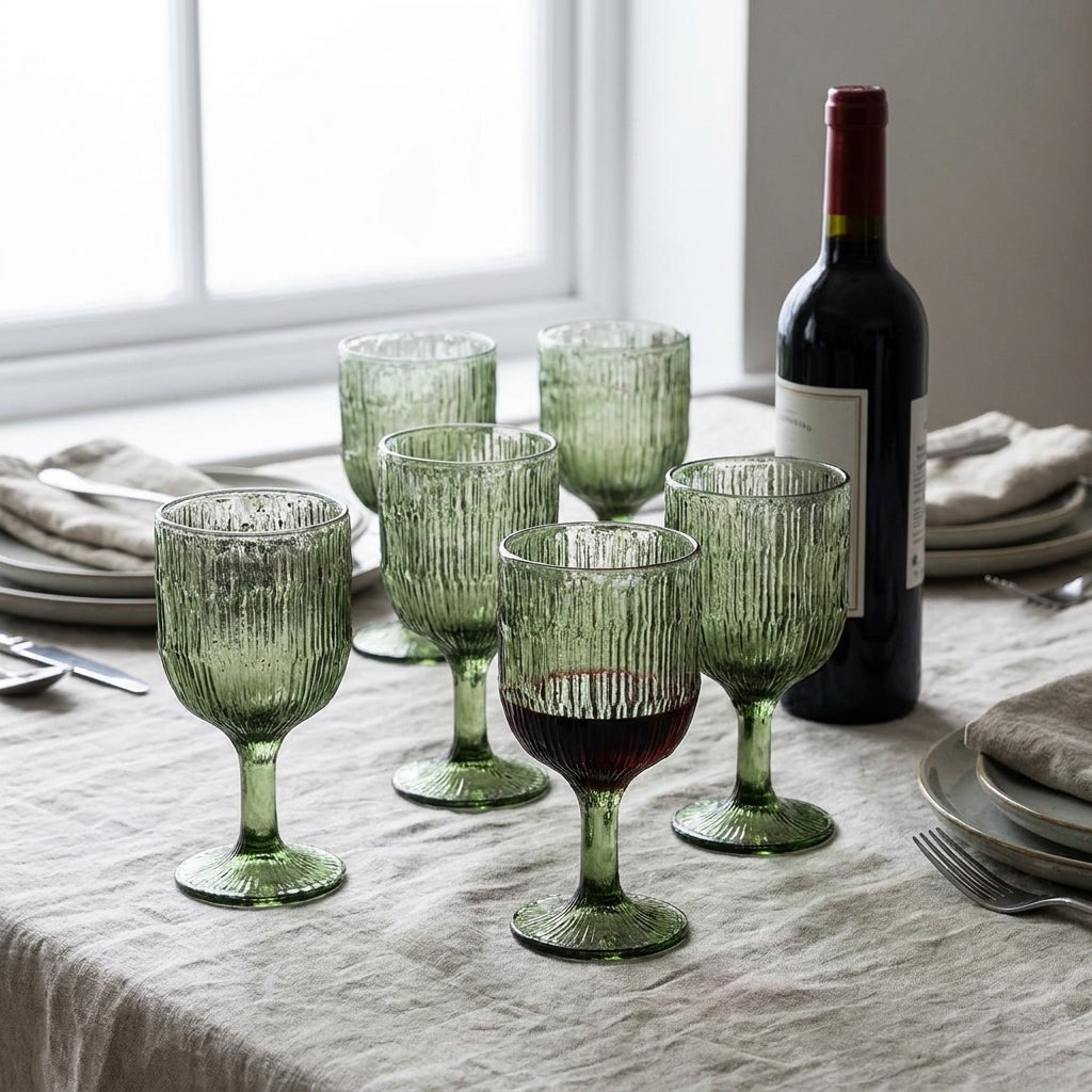 Seis tacas de vinho Moss Ripple em vidro reciclado verde-musgo, numa mesa posta com toalha de linho e garrafa de vinho