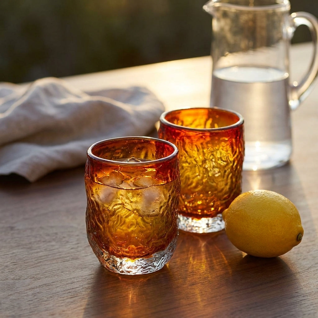 Dois copos Marbella Glow em vidro ambar numa mesa de madeira escura ao fim da tarde, um com agua e gelo