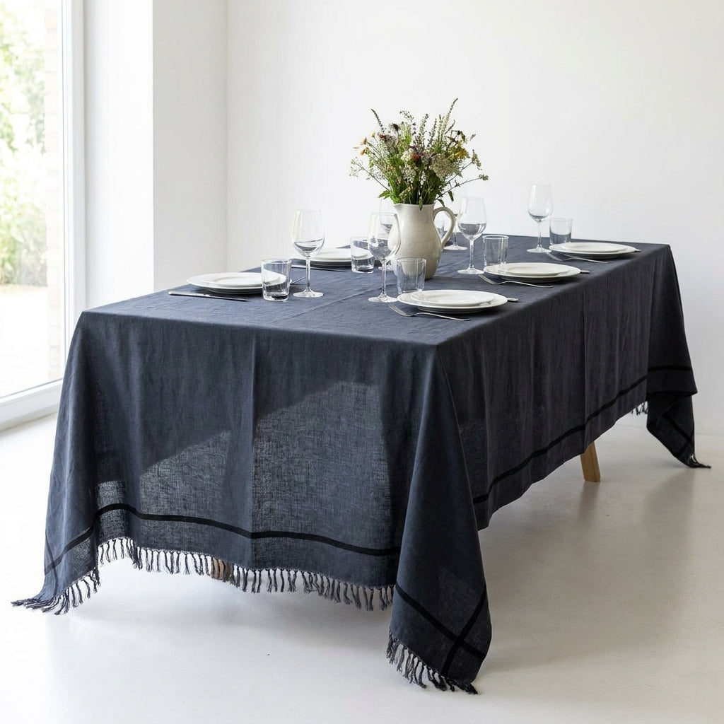 Toalha de mesa Toscana em linho cinzento escuro com risca preta e franjas, numa mesa posta para seis