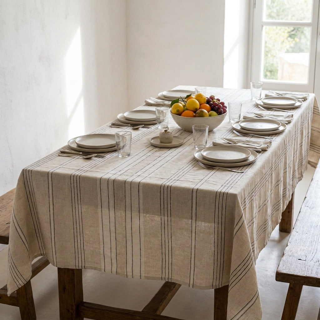 Toalha de mesa Provence em linho natural com riscas pretas, numa mesa comprida posta para oito numa cozinha caiada
