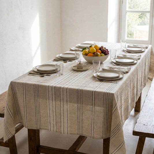Toalha de mesa Provence em linho natural com riscas pretas, numa mesa comprida posta para oito numa cozinha caiada