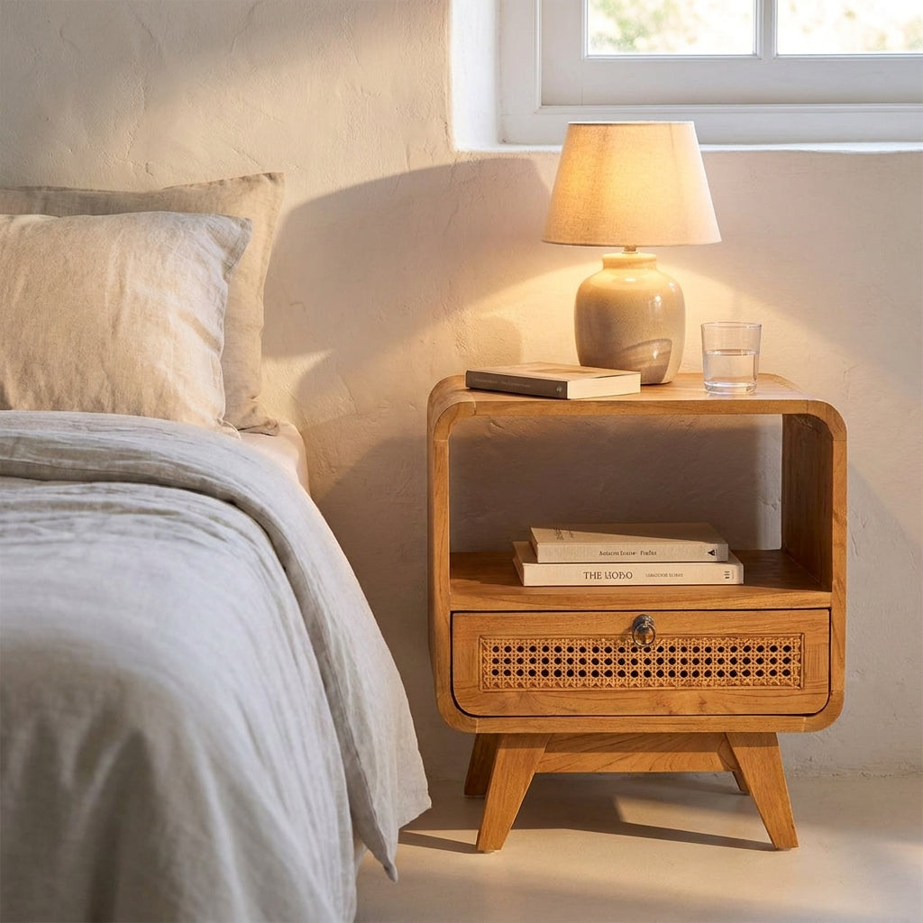 Mesa de cabeceira Breeze em teca com gaveta de rattan trancado, num quarto sereno com candeeiro aceso