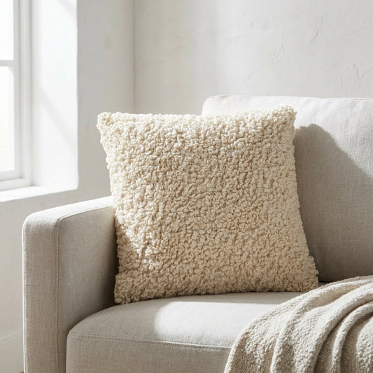 Almofada Tossa em boucle cru no canto de um sofa de linho claro, com luz natural lateral