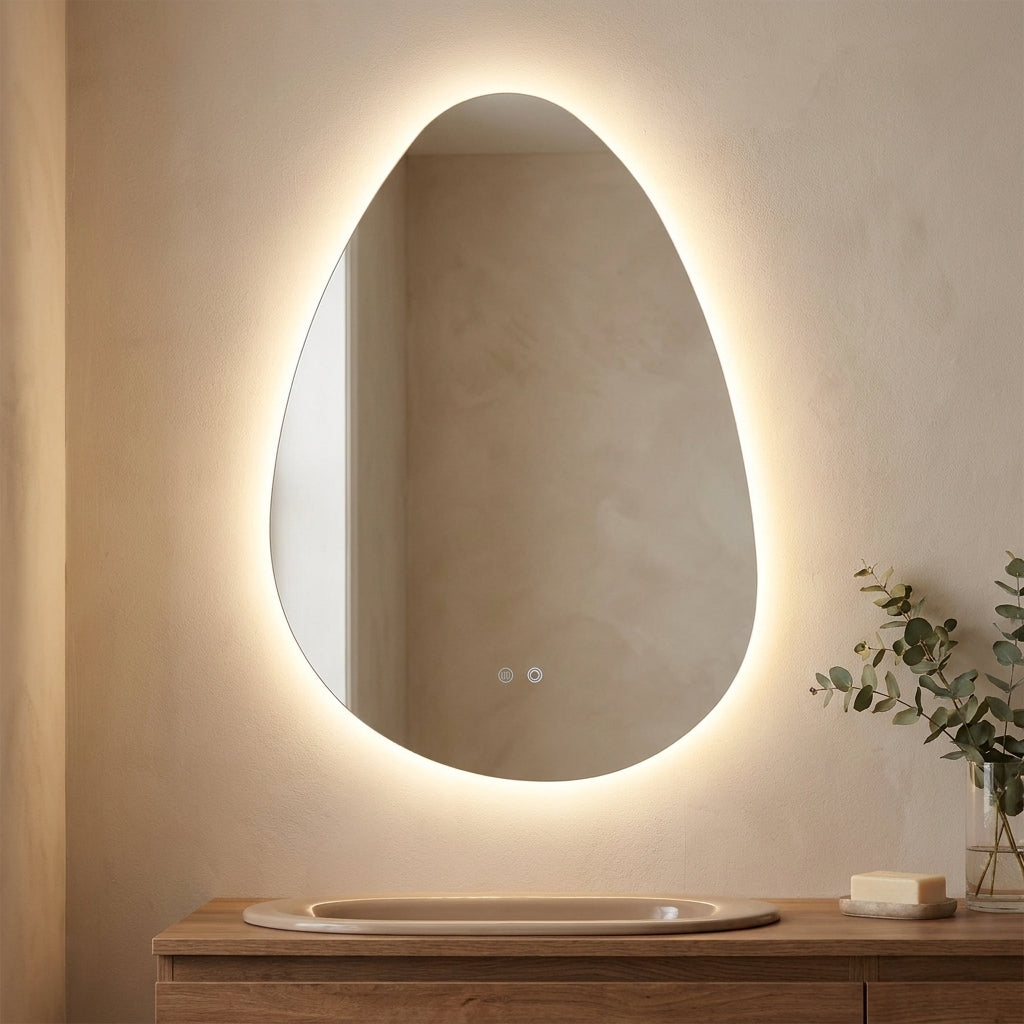 Espelho Kiama de forma organica com retroiluminacao LED acesa e botoes tacteis, sobre movel de lavatorio em madeira