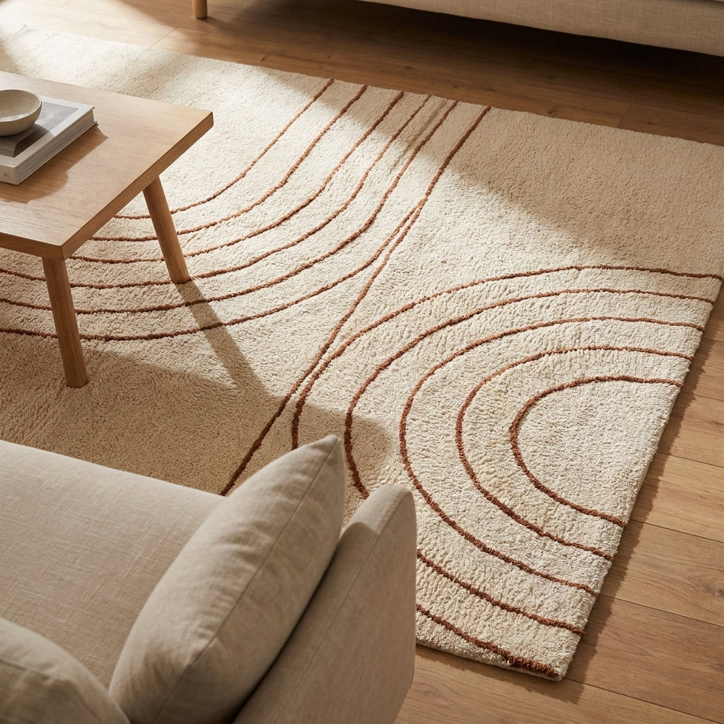Tapete Tampa bege com arcos em relevo terracota, numa sala de estar com mesa de centro e sofa claro