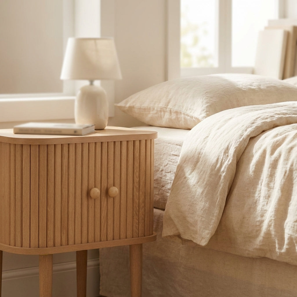 Mesa de apoio Nikko em madeira natural com portas em ripas curvas, ao lado de uma cama de linho cru