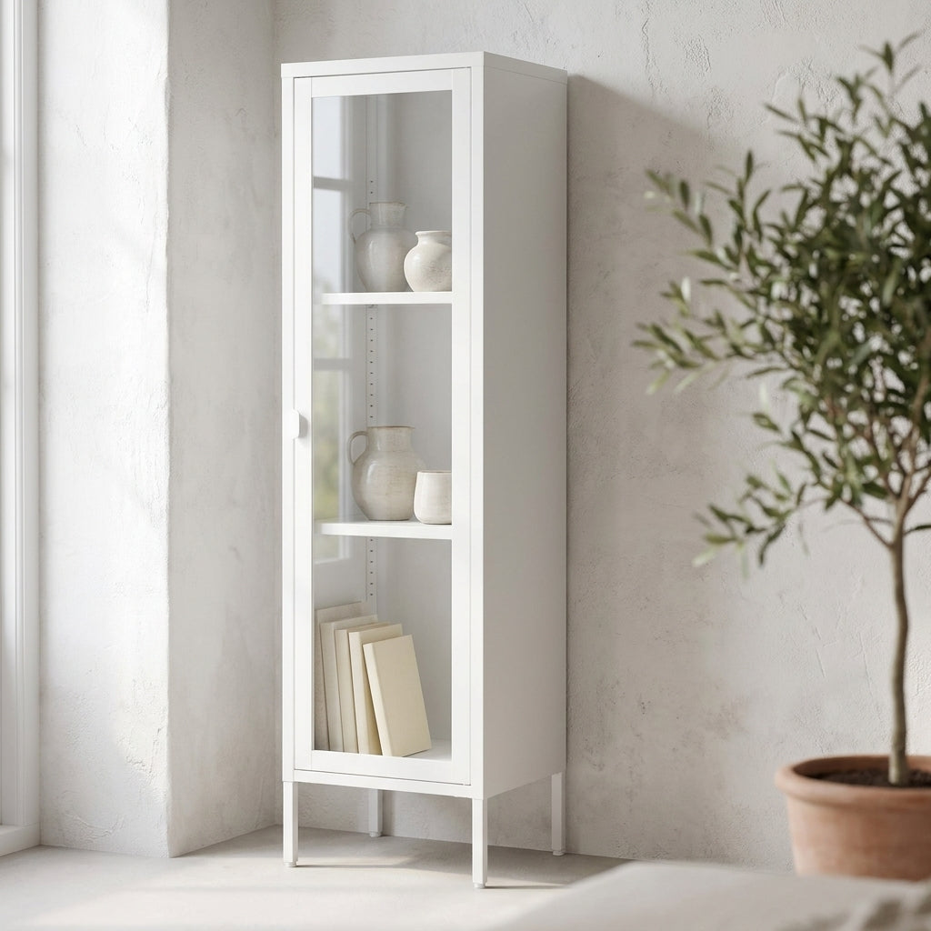 Vitrine Brisbane estreita em aco branco com porta de vidro, numa sala de estar com objectos de ceramica
