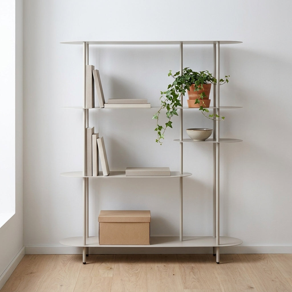 Estante Rieti assimétrica em metal cor de areia, com prateleiras desencontradas, livros, uma taça e uma planta pendente