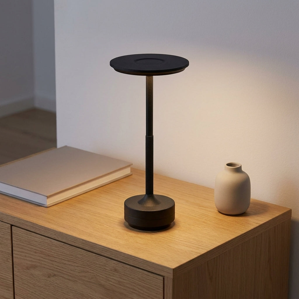 Candeeiro de mesa Lyneham em metal preto mate, aceso sobre um aparador de carvalho claro, com o disco a projectar luz quente