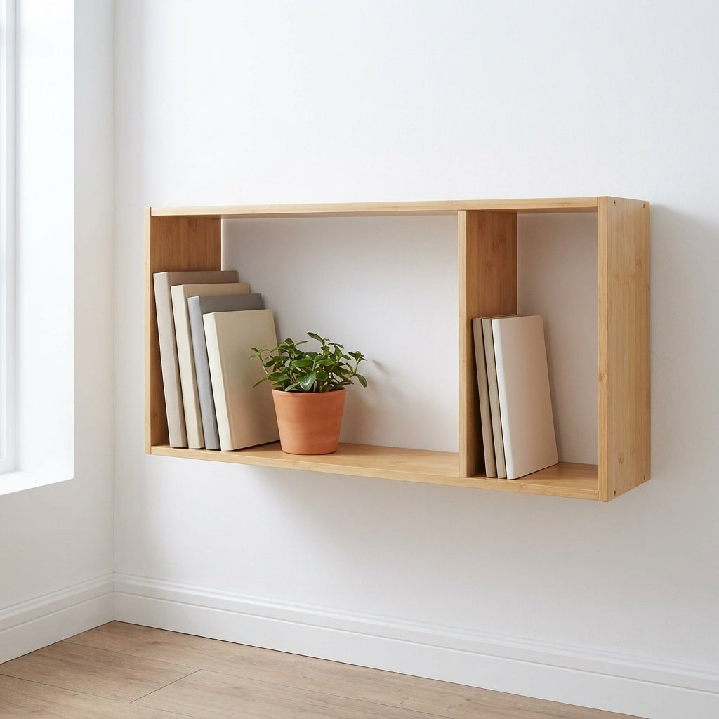 Prateleira-caixa Ember em bambu natural com compartimento lateral, montada numa parede branca, com livros ao alto e uma planta em vaso de barro
