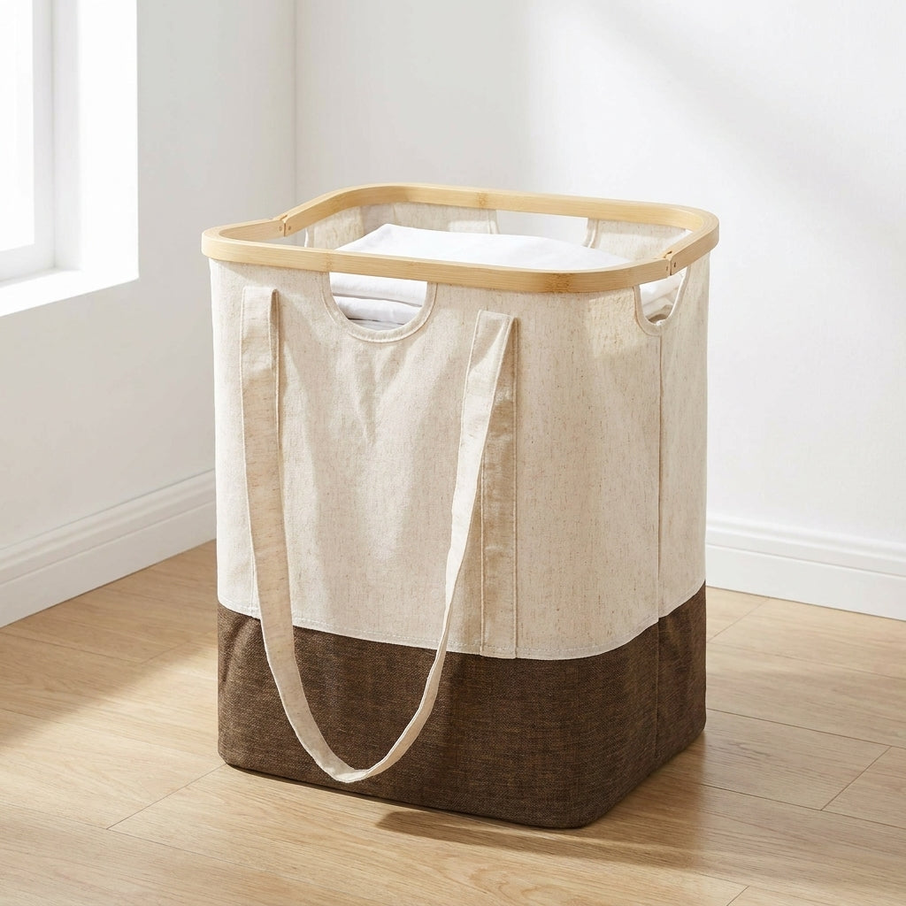 Saco de roupa Noto com armação de bambu e alças compridas, corpo cru e castanho, no chão de um quarto claro