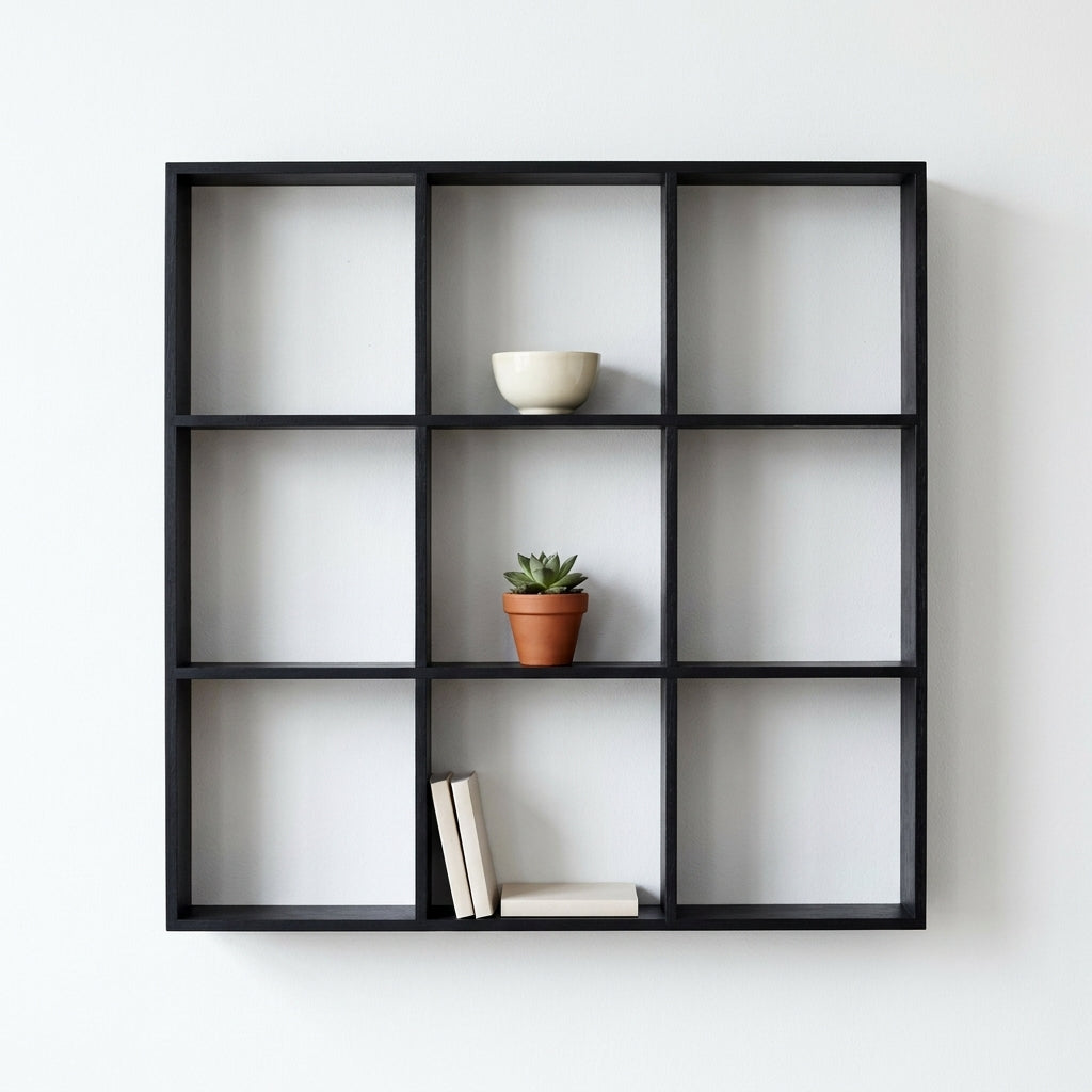 Prateleira-grelha Moss em pinho preto com nove nichos, montada na parede com peças decorativas