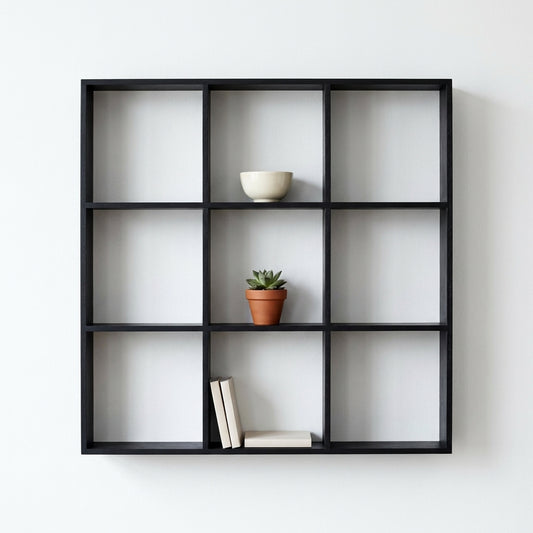 Prateleira-grelha Moss em pinho preto com nove nichos, montada na parede com peças decorativas