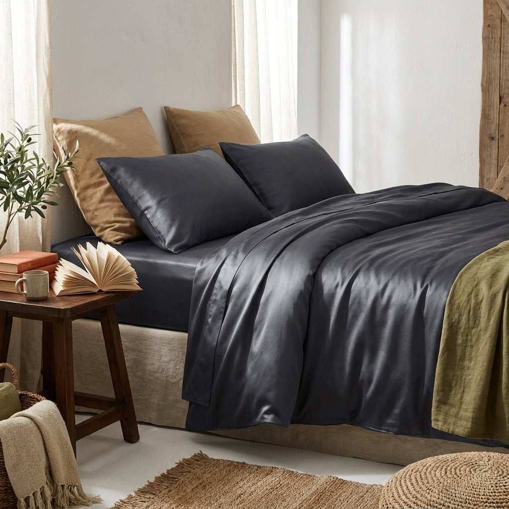 Capa de edredão antracite em viscose de bambu, brilho de setim, num quarto mediterrânico-boho com luz difusa