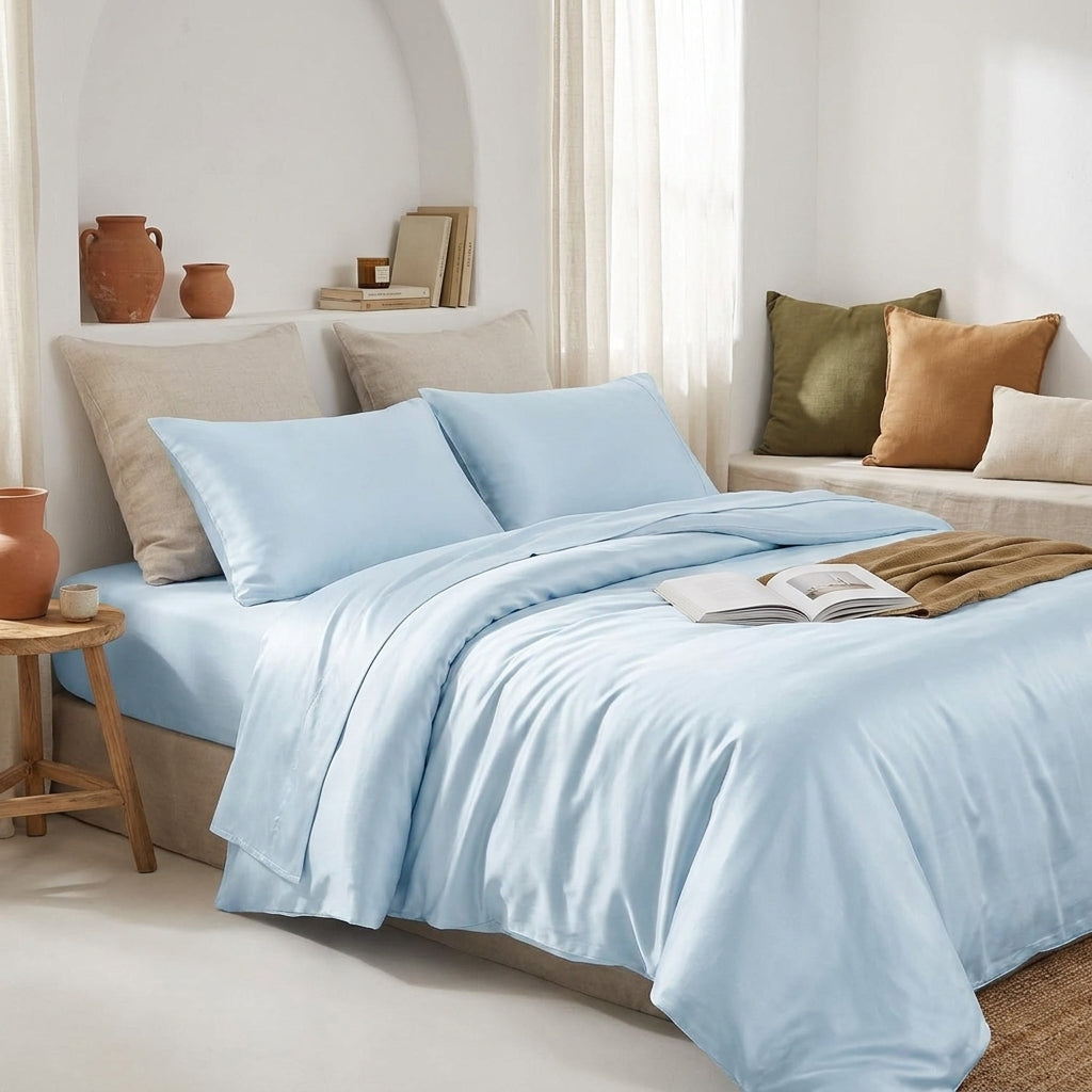 Capa de edredão azul-céu claro em viscose de bambu, brilho de setim, num quarto mediterrânico-boho com luz difusa