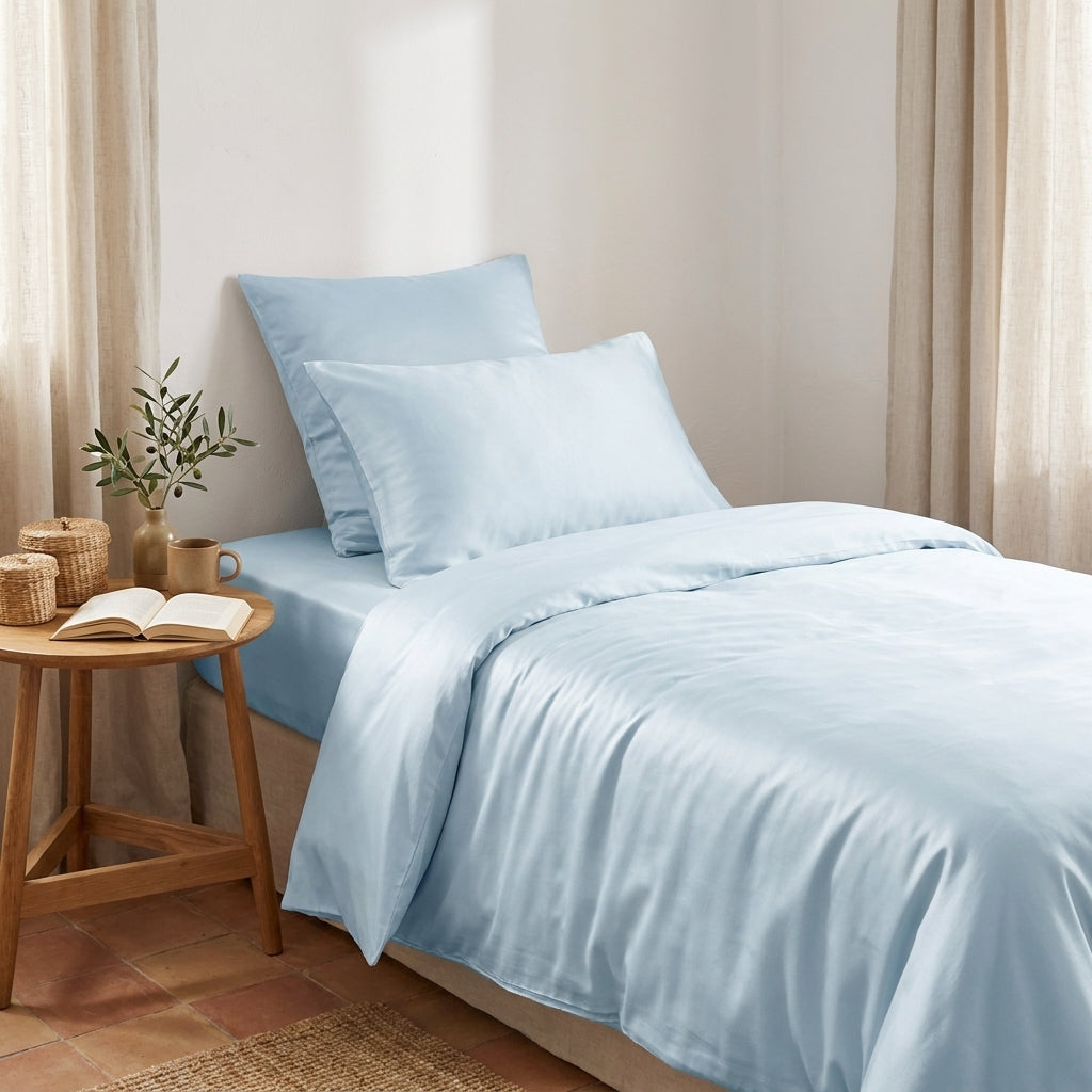 Capa de edredão azul-céu claro em viscose de bambu numa cama individual, brilho de setim, quarto mediterrânico-boho
