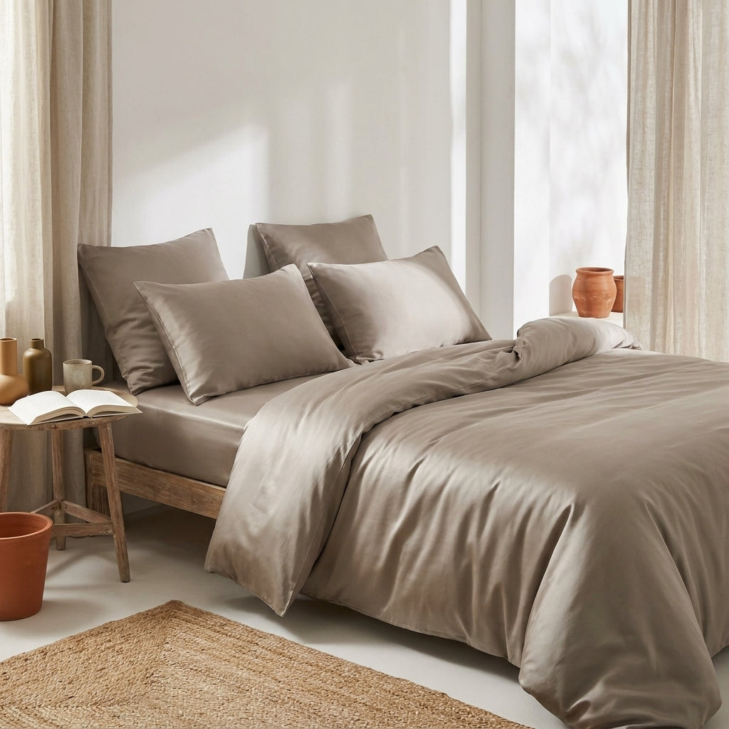Capa de edredão taupe em viscose de bambu, brilho de setim, numa cama de casal em quarto mediterrânico-boho