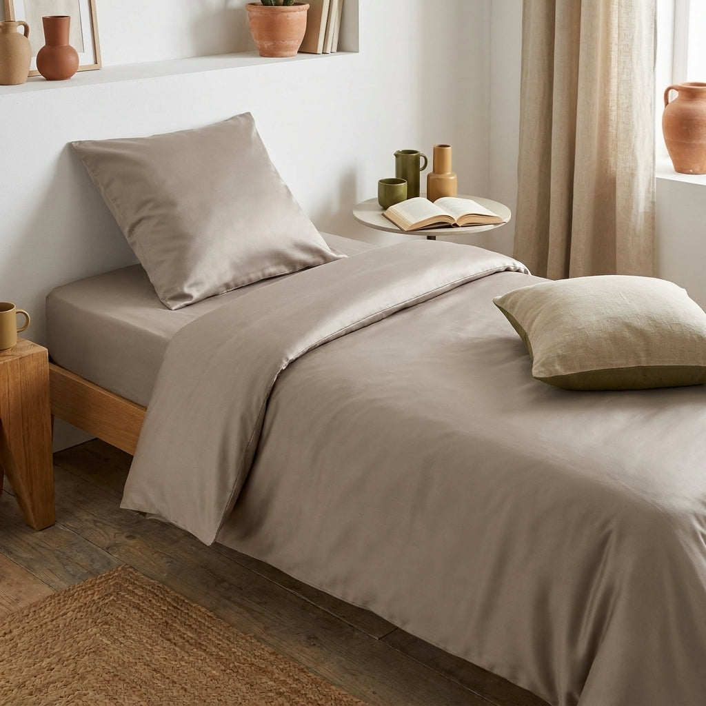 Capa de edredão taupe em viscose de bambu numa cama individual, brilho de setim, quarto mediterrânico-boho