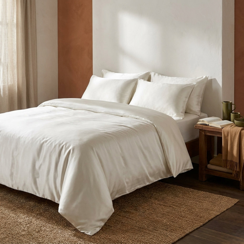 Capa de edredão branca em viscose de bambu, brilho de setim com luz lateral suave, cama de casal em quarto mediterrânico-boho