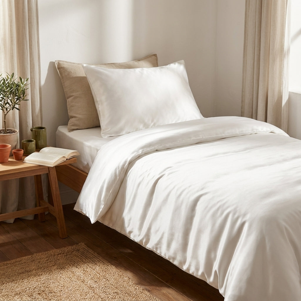 Capa de edredão branca em viscose de bambu numa cama individual, brilho de setim com luz lateral suave, quarto mediterrânico-boho