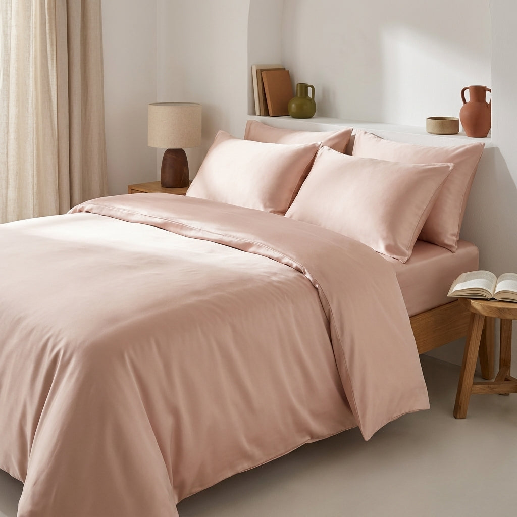 Capa de edredão rosa blush em viscose de bambu, brilho de setim com luz lateral suave, cama de casal em quarto mediterrânico-boho