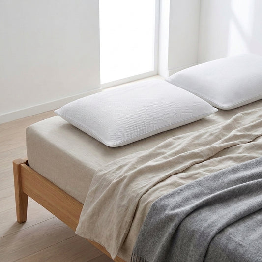 Conjunto de 2 almofadas de dormir baixas com malha arejada, brancas, 50 × 70 cm, numa cama de madeira clara