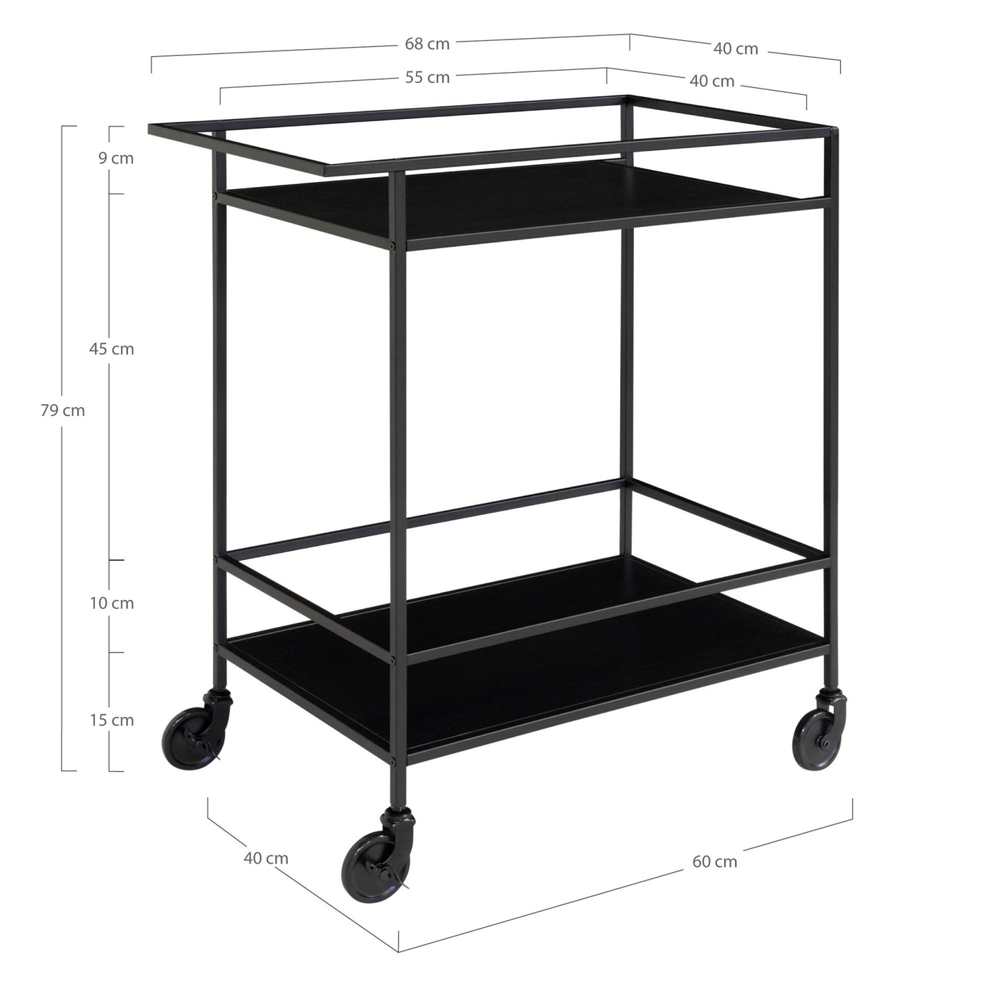 Carrinho de Bar Vita Preto com 2 Prateleiras — 68 × 40 × 79 cm