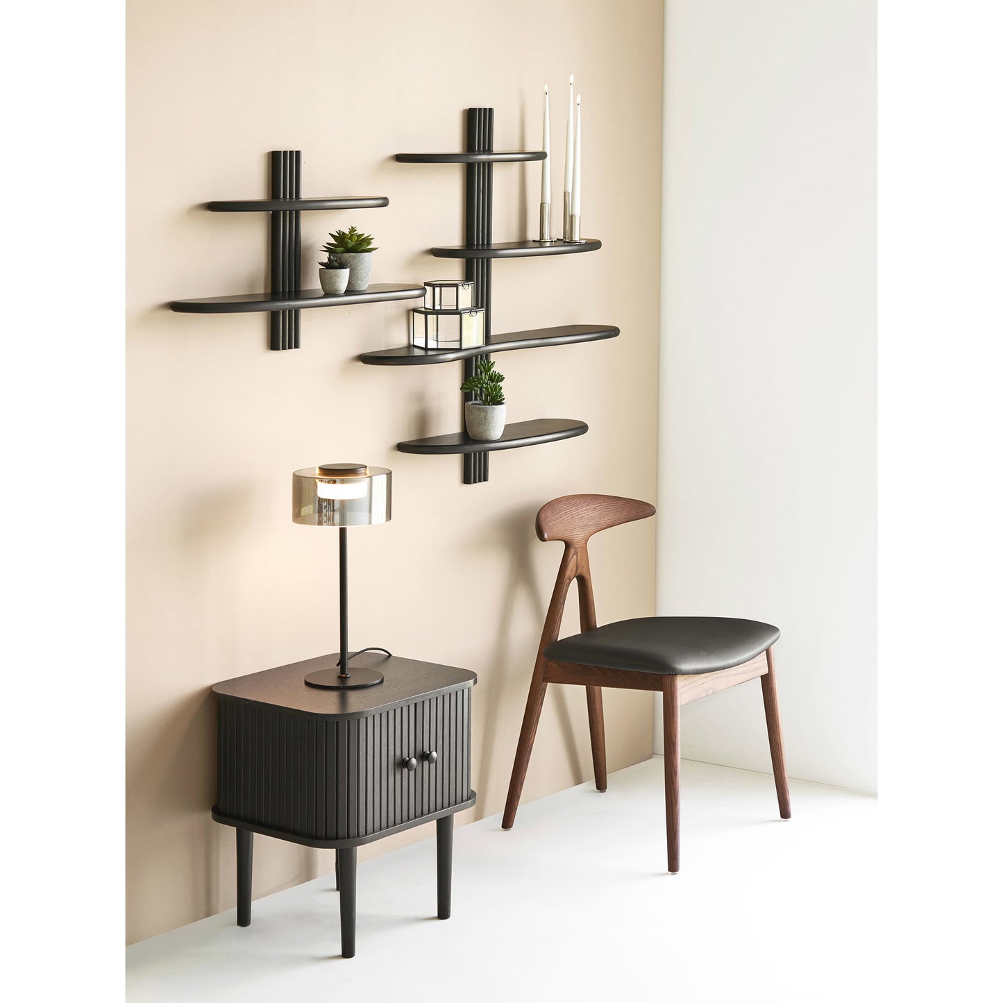 Nikko Curved Slatted Two-Door Side Table, Black — 45 × 40 × 50.5 cm