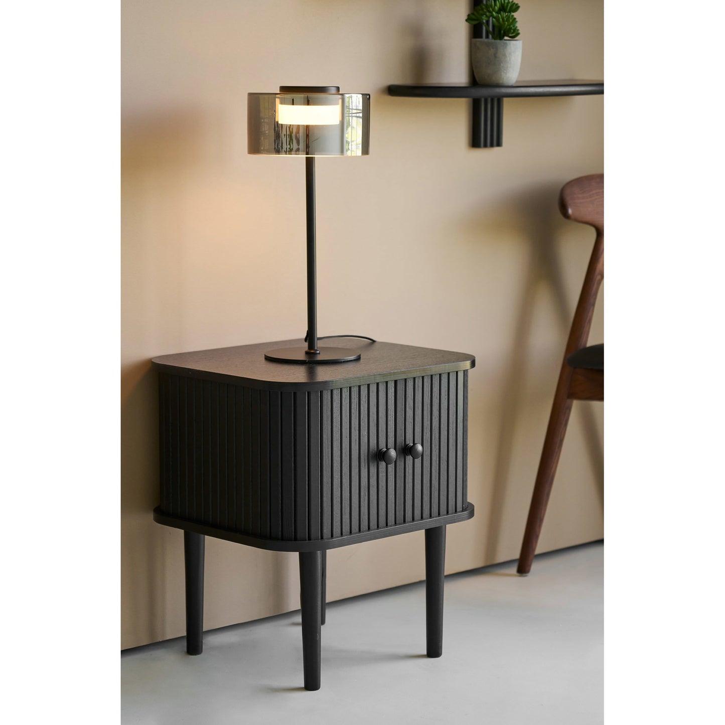 Nikko Curved Slatted Two-Door Side Table, Black — 45 × 40 × 50.5 cm