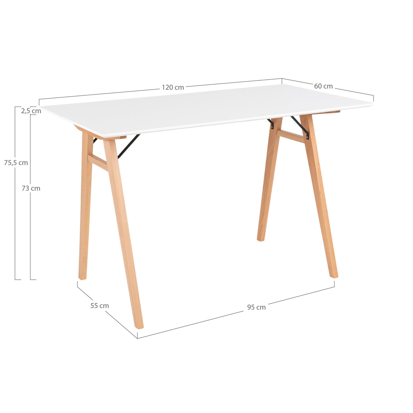 Secretária Vojens em MDF e Seringueira, Branca e Natural — 120 × 60 × 75 cm