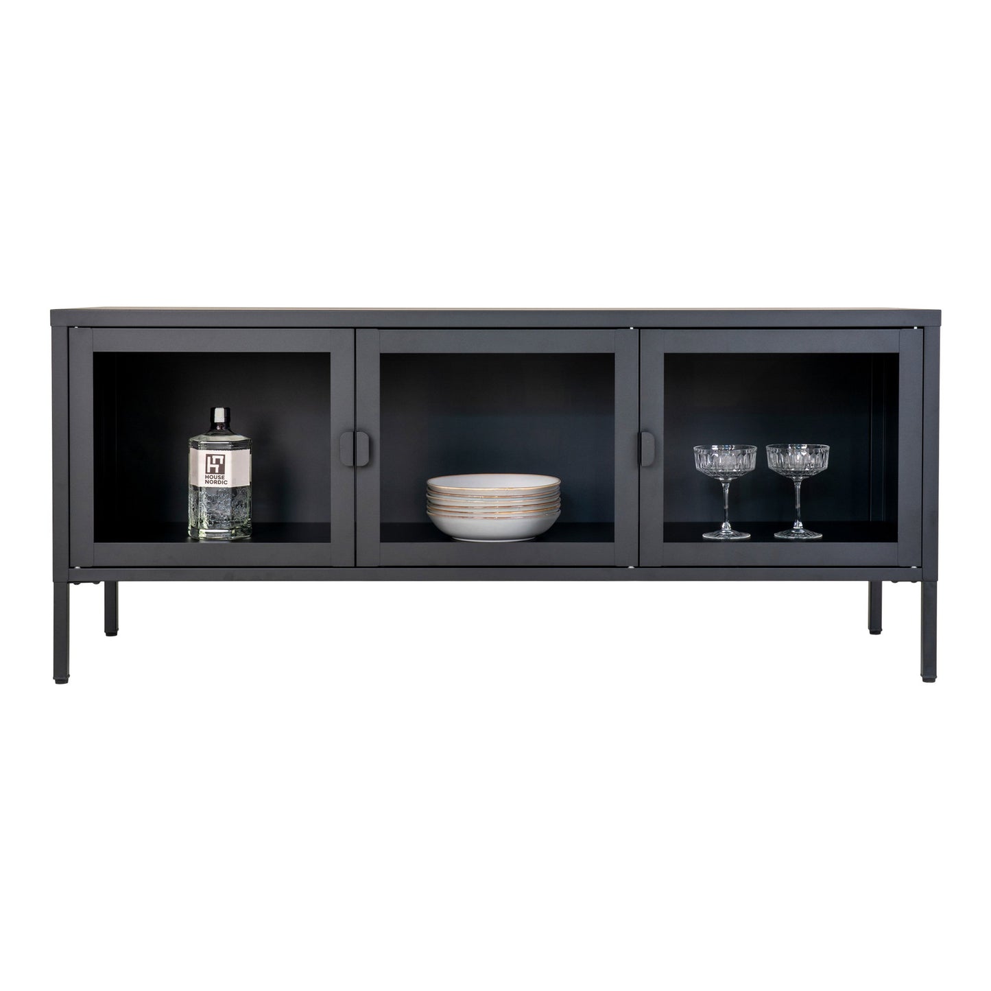 Brisbane TV Cabinet in Black Steel with 3 Glass Doors — 130 × 40 × 55 cm