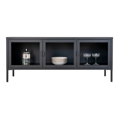 Brisbane TV Cabinet in Black Steel with 3 Glass Doors — 130 × 40 × 55 cm
